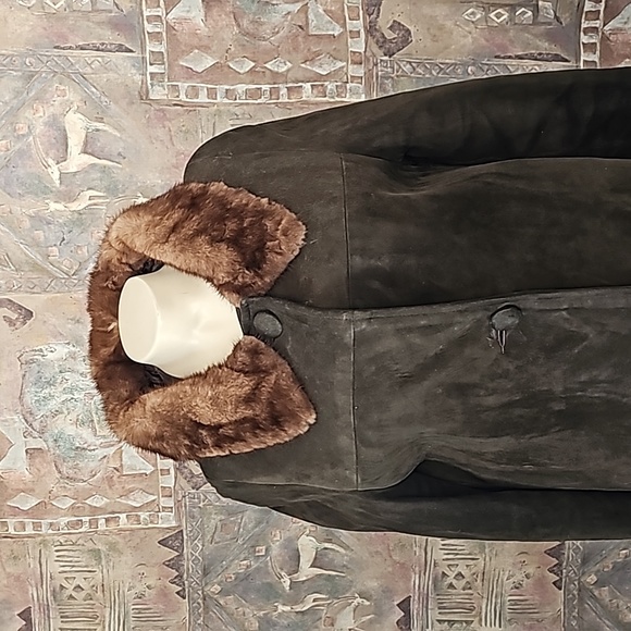 Vintage genuine leather suede lined fur collar long jacket coat  button closure - Picture 2 of 11